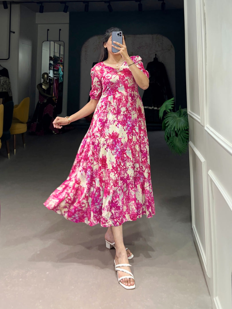 Rani Color Rayon Dress , Printed With Foil Work Dress Print and Online Shopping Price Under 1000 . this Fabric Elegant Printed With Foil Work frock in Rayon fabric. Stitched with 12-inch sleeves, adjustable chest, 3.50-meter flair, and full micro cotton lining .