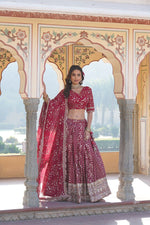Load image into Gallery viewer, Bridal-inspired Dark Rani lehenga with zip and dori closure , Designer Dark Rani lehenga with shimmering sequin work , Get the perfect festive vibe in this Dark Rani ethnic lehenga , Ethnic glam with a Dark Rani lehenga and cutwork dupatta.
