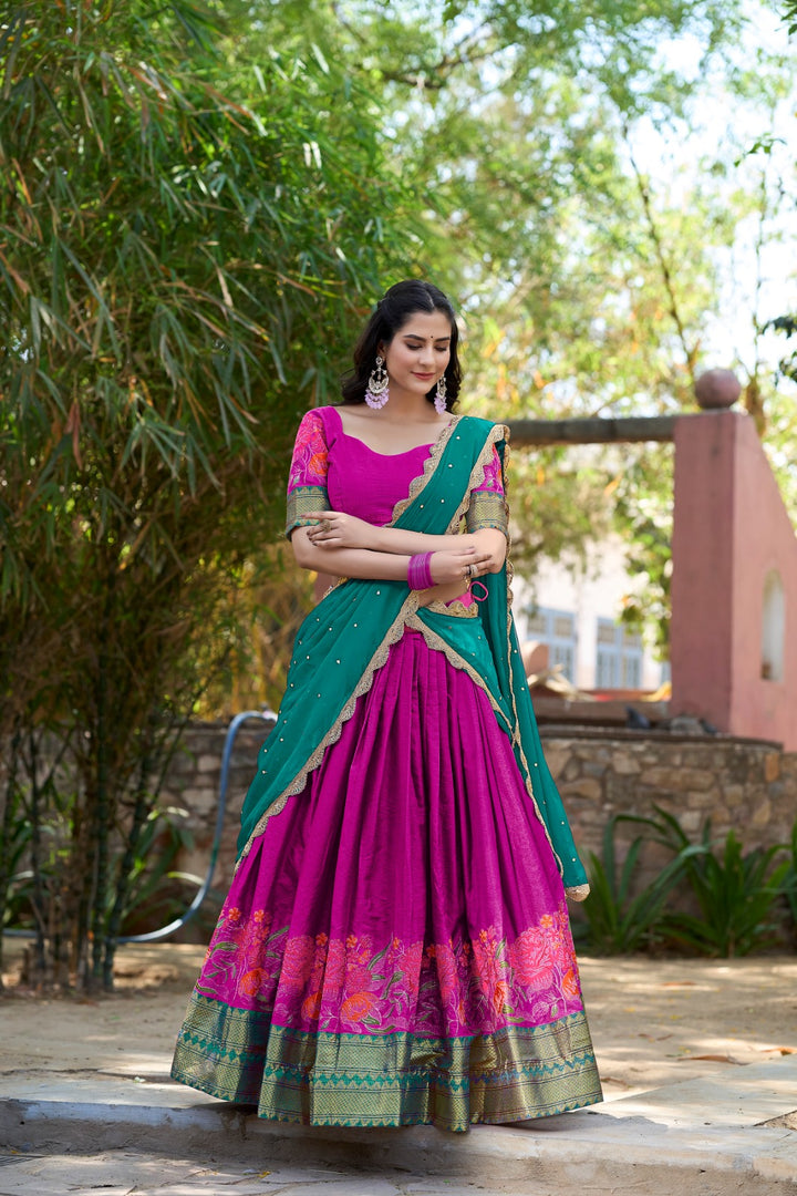 Rani Cotton Silk Dhavani Set Thread Embroidery Work Langa Voni , Half-Saree and Langa Davani With Price and Online Shopping Price Under 2500 . This Fabric So Heavy Lehenga Work Thread Embroidery Work and Dupatta Work Sequins Embroidery Work Butties With Lase Border , Traditional Look For 2024-25 , 2025-26 . 
