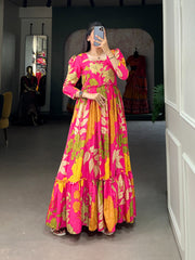  Rani Crape Silk Gown With Price And Online Shopping Price Under 1500 .  Step into sophistication with this Crape Silk Gown. Highlighting Floral print and silk lining for comfort, this outfit combines style and tradition effortlessly . 