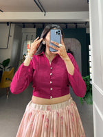 Load image into Gallery viewer, Rani pink Dola silk lehenga with floral print , Elegant rani pink lehenga with sequin and zari border , Bridal wear rani pink lehenga with handmade tassels , Designer rani pink lehenga stitched with canvas and zip , Fully stitched rani pink blouse with adjustable size , Festive rani pink lehenga set in smooth Dola silk . 
