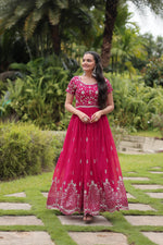 Load image into Gallery viewer, Elegant rani color gown with zari sequins embroidery , Faux blooming rani gown with cotton lining comfort , Rani gown with short sleeves and round neck design gown price under 1499...
