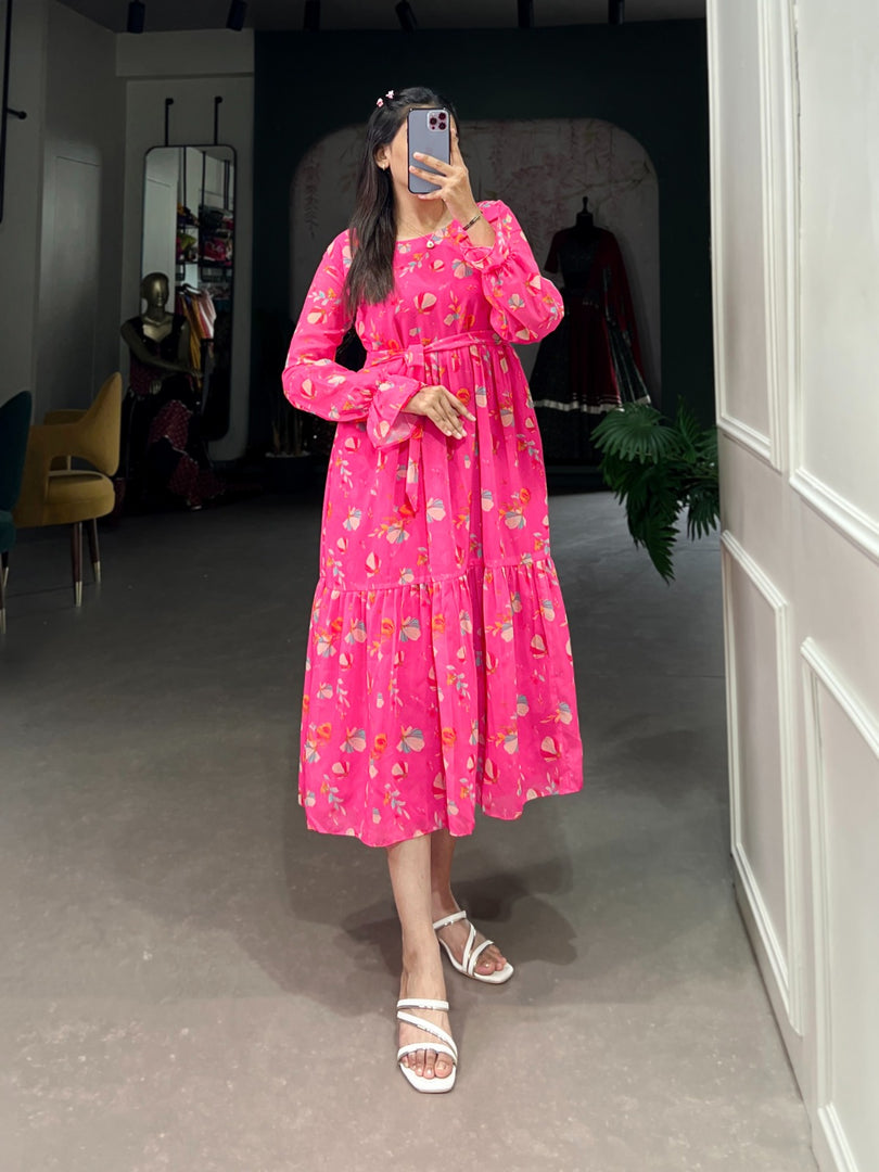 Rani Georgette Floral Print Dresses With Price and Online Shopping Price Under 1000 . This fabric Rani Georgette Dress For Weddings Best Choise . Shop this gorgeous Georgette frock with floral print, 3-meter flair, and full micro cotton lining. Adjustable chest size up to 42 inches for perfect comfort. Traditional Look 2025-26 . 