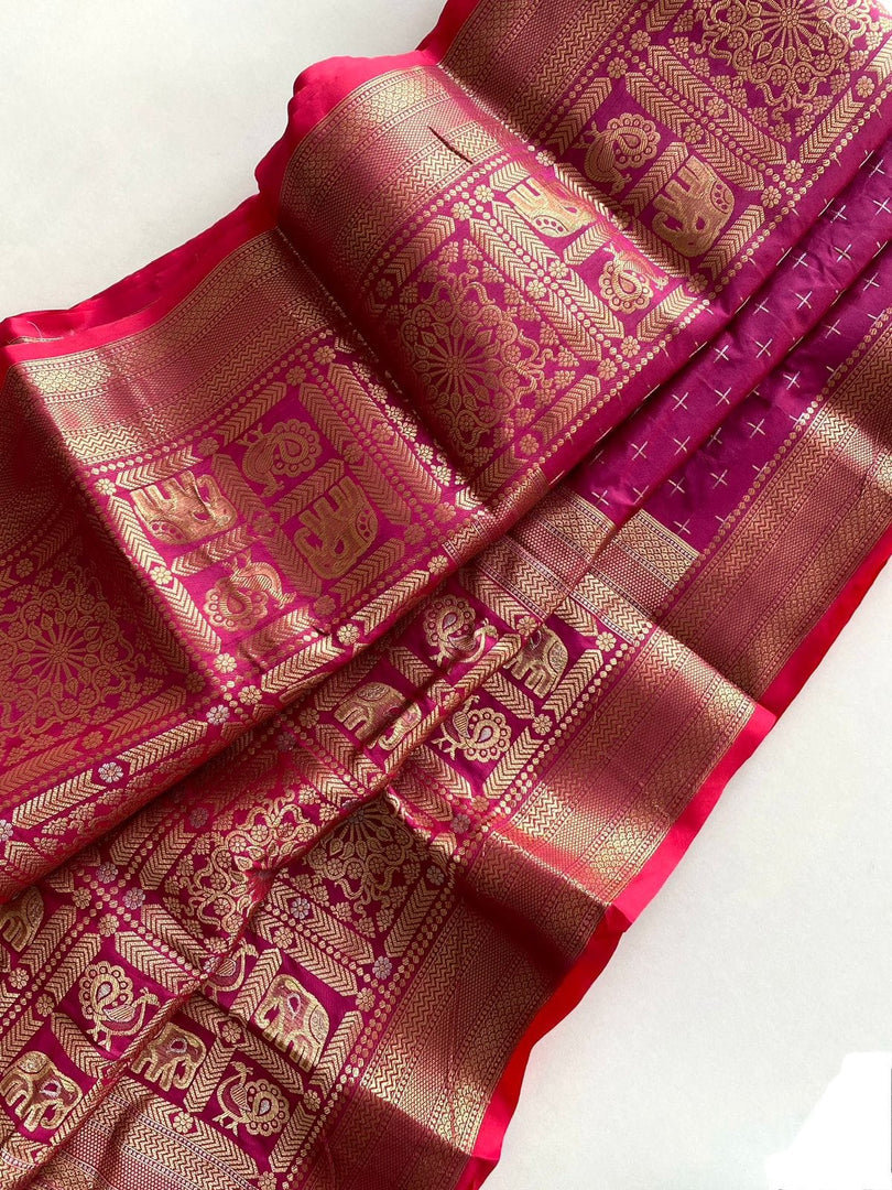 Rani Kanjivaram Saree with Elephant Rajavadi Pattern With Price and Online Shopping Price Under 2000 . this Fabric Discover the elegance of a Royal Blue Kanjivaram saree crafted with rich jacquard weaving and premium fabric. Perfect for weddings and parties. Shop online for under ₹2000.