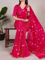 Load image into Gallery viewer, Trendy rani Or Pink Color Viscose Chanderi saree Price and Online Shopping Price Under 1500 , Sarees For Weddings , Gold Zari Weaving Line Saree . Traditional Look Most Of Party Wear Under 1500  . Traditional Look For 2024-25 .  
