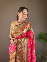 Load image into Gallery viewer, Rani Paithani Saree With Premium Border and Horse 🐴 Design Price and Online Shopping Price Under 2500 . This Fabric Rani Paithani Saree For Weddings Best Choise Saree . Explore the elegance of Paithani weaving with this 6.3-meter saree in premium silk fabric. Includes an attached blouse piece. A perfect choice for weddings, festive celebrations, and traditional occasions.
