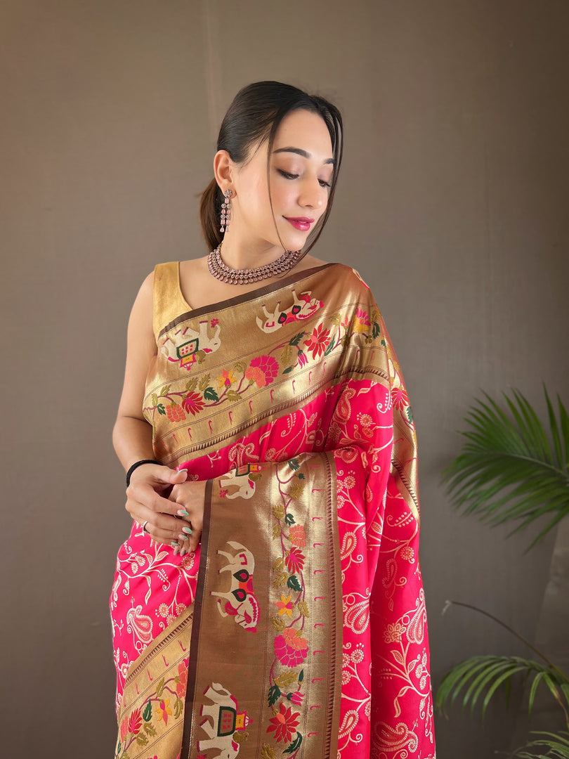 Rani Paithani Saree With Premium Border and Horse 🐴 Design Price and Online Shopping Price Under 2500 . This Fabric Rani Paithani Saree For Weddings Best Choise Saree . Explore the elegance of Paithani weaving with this 6.3-meter saree in premium silk fabric. Includes an attached blouse piece. A perfect choice for weddings, festive celebrations, and traditional occasions.