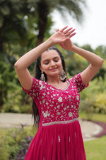 Load image into Gallery viewer, Premium Rani gown crafted from Faux Blooming fabric with intricate Zari Sequins embroidery. Features 55&quot; length, 3.5m flair, cotton lining, short sleeves and round neckline gown price under 1499.
