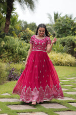 Load image into Gallery viewer, Rani Faux Blooming gown with Zari Sequins embroidery. 55&quot; length, 3.5m flair, full cotton lining, short sleeves, and round neck.
