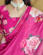 Load image into Gallery viewer, Rani pink georgette saree with zari border , Festive wear rani saree for women , Rani pink zari weaving saree for functions , Lightweight rani saree with matching blouse , 
Elegant rani pink saree online shopping , Party ready rani pink georgette saree , Traditional pink rani zari saree , Best-selling rani saree under ₹999 .
