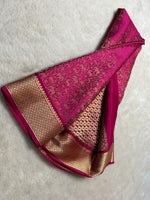 Load image into Gallery viewer, Premium Rani Pink Mysore Silk Saree with intricate zari weaving. 6.3m length, includes matching blouse piece. Machine washable. Perfect blend of traditional craftsmanship and practical elegance.
