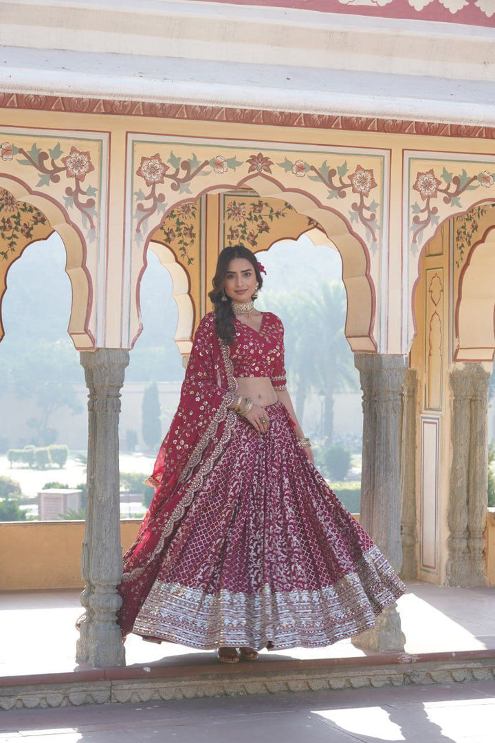 Buy Dark Rani Viscose Jacquard lehenga with sequin embroidery , Elegant Dark Rani lehenga with cut-work dupatta and dori latkan , Shop stylish Dark Rani lehenga for festive and wedding looks , Dark Rani lehenga with faux blooming blouse and zari detailing , Sequin embroidered Dark Rani lehenga with modern flair , Traditional Dark Rani lehenga with contemporary twist .