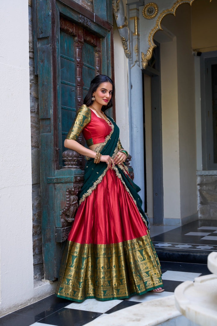 Pink Color Or Red Color Lehenga Narayan Pattu Heavy Zari Weaving Work , Blouse Narayan Pattu Sleeve Zari Weaving Work , Dupatta Lace Border Under 1999 . 