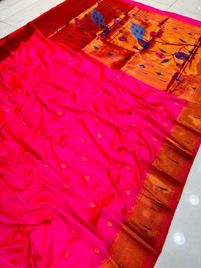 Pure Rani Pink Pure Soft Silk Saree price under 2000 . This Fabric Pure Soft Silk Saree with Gold Zari Weaving Saree most famous and Best selling Product and Traditional Look 2024-25 .