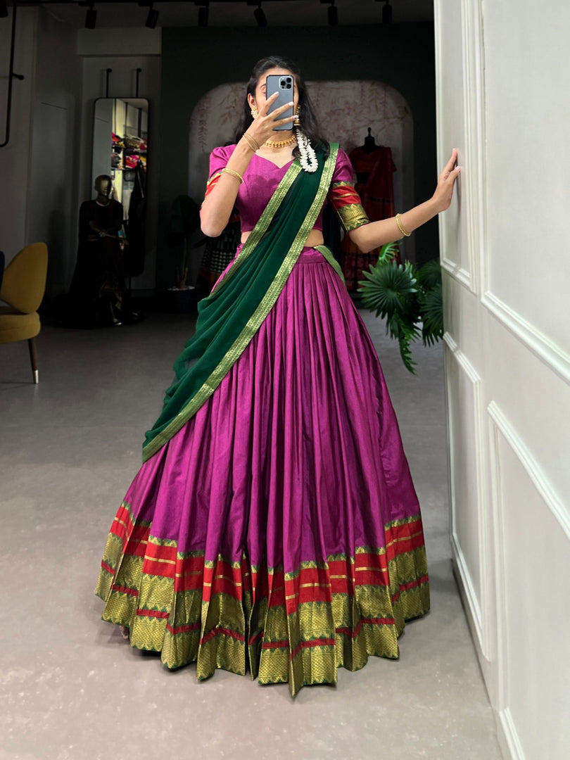 Rani Poly Cotton Dhavani Set , Langa Voni and  Davani Set With Price and Online Shopping Price Under 1500 . this Fabric Poly Cotton Dhavani Set Zari Weaving Work and This Fabric Lehnga Stitching Stitch With Canvas Joint . This Fabric Soft and Smooth Cotton and Rich Border Price Under 1500 . 
