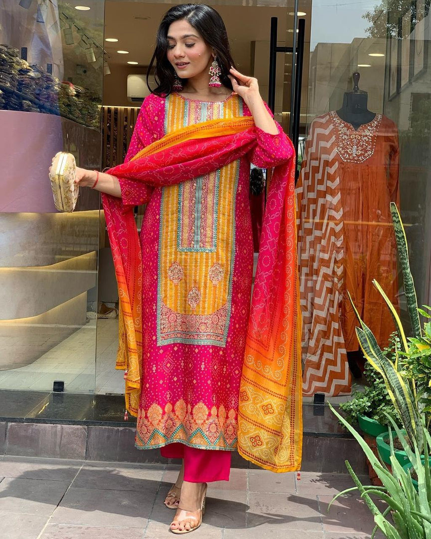 Rani Satin Kurti WIth Price and Best For Wedding ThIs Kurti price Under 1500 . this Fabric Satin Rani Color Stone Work this Kurti . this Fabric Multi Color Dupatta and Rani Pent This include Fabric Rich Border With Zari Weaving Work and Stone Work . This Popular Best Selling and Most Famous Fabric and Round  Necks .Traditional Look 2024-25 . 