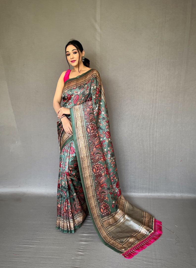 Pure Rani Saree With Gold Design Kalamkari Fusion Print design For famous and Mainly Manufacturing in this Soft Silk saree Kanchipuram in Tamil Nadu .