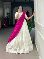 Load image into Gallery viewer, Rani White Georgette Dhavani Set | Davani Set , Half-Saree With Price and Online Shopping Price Under 2500 . This Fabric So White Georgette Work MIrror Rani Dupatta   Plain and Border Work . This Fabric Traditional Look 2024-25 .  
