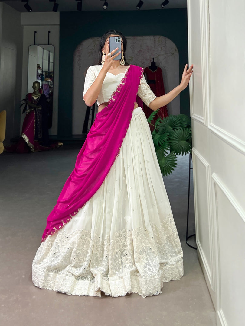 Rani White Georgette Dhavani Set | Davani Set , Half-Saree With Price and Online Shopping Price Under 2500 . This Fabric So White Georgette Work MIrror Rani Dupatta   Plain and Border Work . This Fabric Traditional Look 2024-25 .  