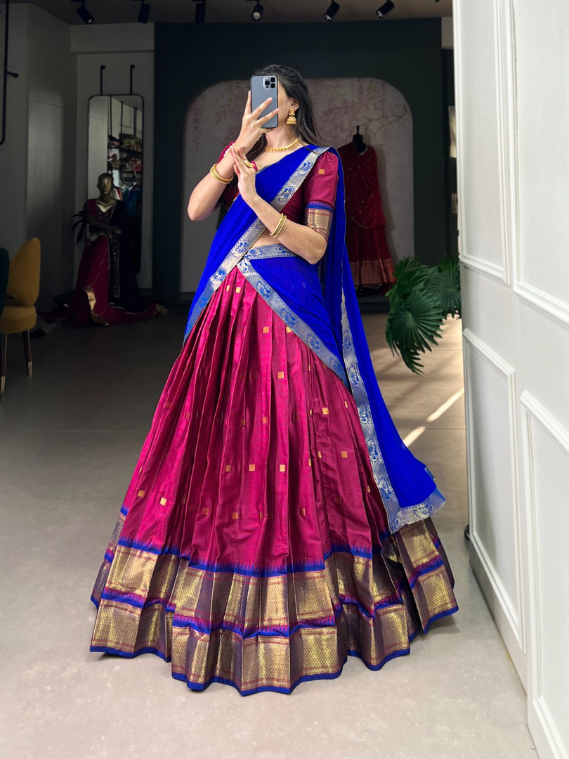 Grace your special occasions with the Rani Cotton Silk Dhavani Set in premium Cotton Silk fabric. Combining tradition and comfort, this lightweight half saree exudes elegance and is perfect for festivals and weddings.