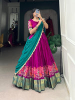 Load image into Gallery viewer, Rani With Dark Sky Cotton Silk Dhavani Set and Half-Saree WIth Price and Online Shopping Price Under 2500 . Elevate your festive style with this Cotton Silk Lehenga Set. Includes a stitched lehenga with thread embroidery, an unstitched zari blouse, and a georgette dupatta adorned with sequins and lace border.
