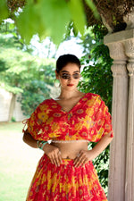 Load image into Gallery viewer, Red Color Chiffon Dhvani Set , Half-Saree , Langa Voni and Davani Set Price and Online Shopping Price Under 1799 . This Red Color With Floral Print and Blouse Already Stitched  and Lehenga Already Yellow Flower Dhavani Set | Half-Saree | Davani Set | Langa Voni - Shop Now at - Shoppers Trend . 

