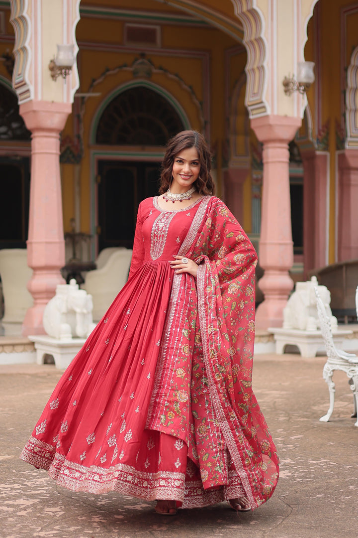 Elegant Red Chinon Gown with Sequins Embroidery , Buy Stylish Red Party Wear Gown Online , Shop Latest Red Anarkali Gown for Weddings and Trendy Red Gown with Kalamkari Dupatta . 