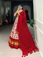 Load image into Gallery viewer, Traditional Dola Silk &amp; Cotton Patola Print Lehenga Set – Elegant Ethnic Wear , Patola Print Dola Silk Lehenga , Traditional Gamthi Work Lehenga Set , Designer Wedding Lehenga Online , Chanderi Dupatta Lehenga Set and Festive Wear Lehenga with Gota Patti Work .  
