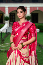 Load image into Gallery viewer, Rani Pink Dola Silk Dhavani Set | half-Saree | Langa Voni | Davani Set . Rani Pink Blouse Dola Silk and Cream Lehenga with Rani - Shop now at Shoppers Trend . 
