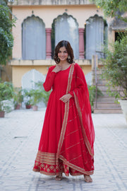 Red Color Faux Blooming Anarkali With Price and Online Shopping Price Under 2000 . Step into elegance with this Faux Blooming  and Dupatta set. Featuring intricate sequins embroidery, a padded design, and four rich shades Red color For Weddings Wear Collection . Traditional Look For 2024-25 , 2025-26 . 
