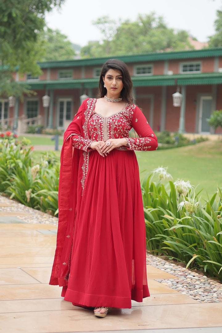 Red Color Faux Blooming Anarkali With Price and Online Shopping Price Under 2000 . Step into elegance with this Faux Blooming and Dupatta set. Featuring intricate sequins embroidery, a padded design, and four rich shade Red  color.