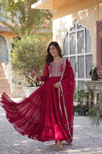 Load image into Gallery viewer, Designer Embroidered Georgette Gown Online , Buy Pearl Work Long Gown for Weddings , Elegant Full-Flair Gown for Festive Wear ,   Premium Faux Georgette Gown with Dupatta , Best Party Wear Long Gown for Women . 
