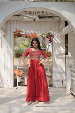 Load image into Gallery viewer,  Red Faux Blooming Gown With Price and For Weddings Price Under 1500 . this Fabric So Happy and Cool Fabric . this Fabric Faux Blooming Gown Online Best Shopping Price Under 1500 . this Fabric Best Famous and Best Popular Gown Purple Color. Purple Gown Round Neck Fully Embroidery Zari Sequins Work .
