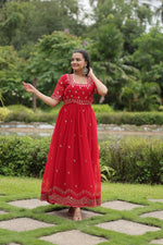 Load image into Gallery viewer, Red Color Faux Blooming Gowns With Embroidery Work and Tops Side Embroidery Work and Zari Sequins Work and Heavy Embroidery Work and 55INCH Lengths and Square Neck , Traditional Look For 2024-25 , 2025-26 . 
