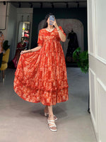 Load image into Gallery viewer, Red Color Georgette Floral Print Dress With Price and Online Shopping Price Under 1000 . this fabric Red Floral Print Design Model Woman Traditional look Use 2025-26 . This Fabric Red Georgette Floral Print Fully Micro Cotton (full upto bottom) This Dress . This Dress Sleeve length 13 Inc.  
