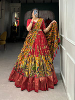 Load image into Gallery viewer, Red Color Kalamkari Print With Foil Work Border Tussar Silk Half-Saree , Dhavani Set , Davani Set and Langa Voni With Price and Online Shopping Price Under 2000 . this Fabric Lehenga Red Color Kalamkari Print WIth Border Foil Work , Traditional Look For 2024-25 , 2025-26 .
