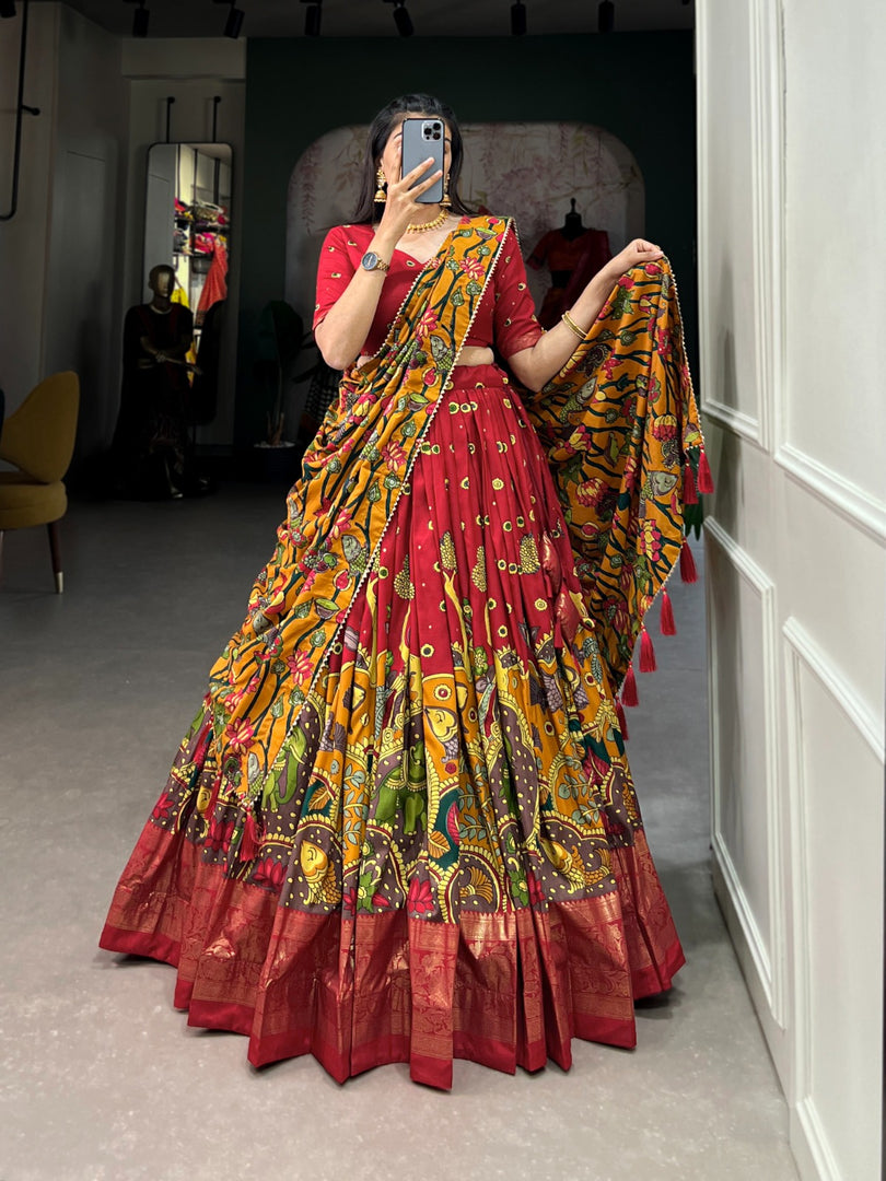 Red Color Kalamkari Print With Foil Work Border Tussar Silk Half-Saree , Dhavani Set , Davani Set and Langa Voni With Price and Online Shopping Price Under 2000 . this Fabric Lehenga Red Color Kalamkari Print WIth Border Foil Work , Traditional Look For 2024-25 , 2025-26 .