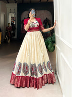 Load image into Gallery viewer, Red Color Koti With Cream Gown Dola Silk Kalamkari Print With Zari Weaving Broder and Heavy Border and Top Side Printed and Border Bottom Side Round Kalamkari Design , Micro Cotton Lining and Koti Sleeved 11 Inch Length  . Traditional Look For 2024-25 , 2025-26 .  
