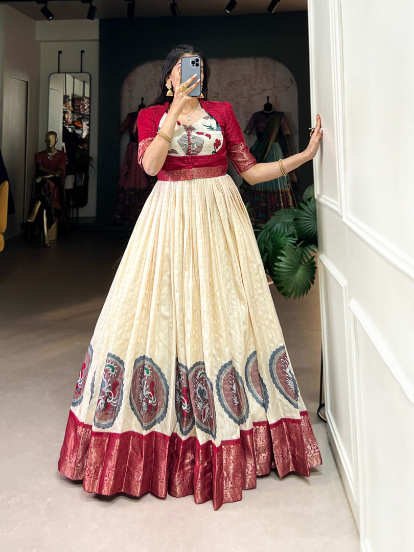 Red Color Koti With Cream Gown Dola Silk Kalamkari Print With Zari Weaving Broder and Heavy Border and Top Side Printed and Border Bottom Side Round Kalamkari Design , Micro Cotton Lining and Koti Sleeved 11 Inch Length  . Traditional Look For 2024-25 , 2025-26 .  