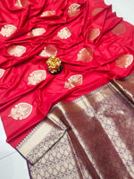 Load image into Gallery viewer, Red Color Lichi Silk Sarees With Price And Online Best Shopping Price Under 1500 . this Fabric Red Lichi Silk Saree Best For Weddings and This Saree Zari Weaving Work Work and Rich Border Fully Zari Weaving Work and This Fabric Weddings Special Zari Weaving Work . Traditional Look 2025-26  . 
