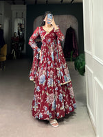 Load image into Gallery viewer, Red Color Marbel Anarkali With Price and Online Best Choise Shopping Price Under 1500. This Fabric Upgrade your wardrobe with this beautiful Top SIde Heavy Floral Print With Lace Touch Up Work Anarkali suit. Made from premium fabric, 50-inch length, and comes with a dupatta. Easy machine wash.
