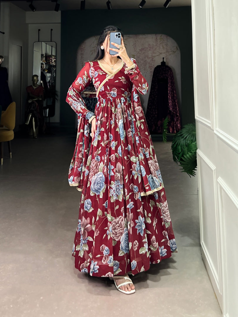 Red Color Marbel Anarkali With Price and Online Best Choise Shopping Price Under 1500. This Fabric Upgrade your wardrobe with this beautiful Top SIde Heavy Floral Print With Lace Touch Up Work Anarkali suit. Made from premium fabric, 50-inch length, and comes with a dupatta. Easy machine wash.