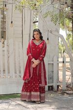 Load image into Gallery viewer, Red Color Or Maroon Color Faux Blooming Anarkali Price and Online Shopping Price Under 1999 . Red Party Wear Gown ,Stunning Red Embroidered Gown , Designer Red Gown with Dupatta , Wedding Red Gown for Women , Elegant Red Evening Gown . 
