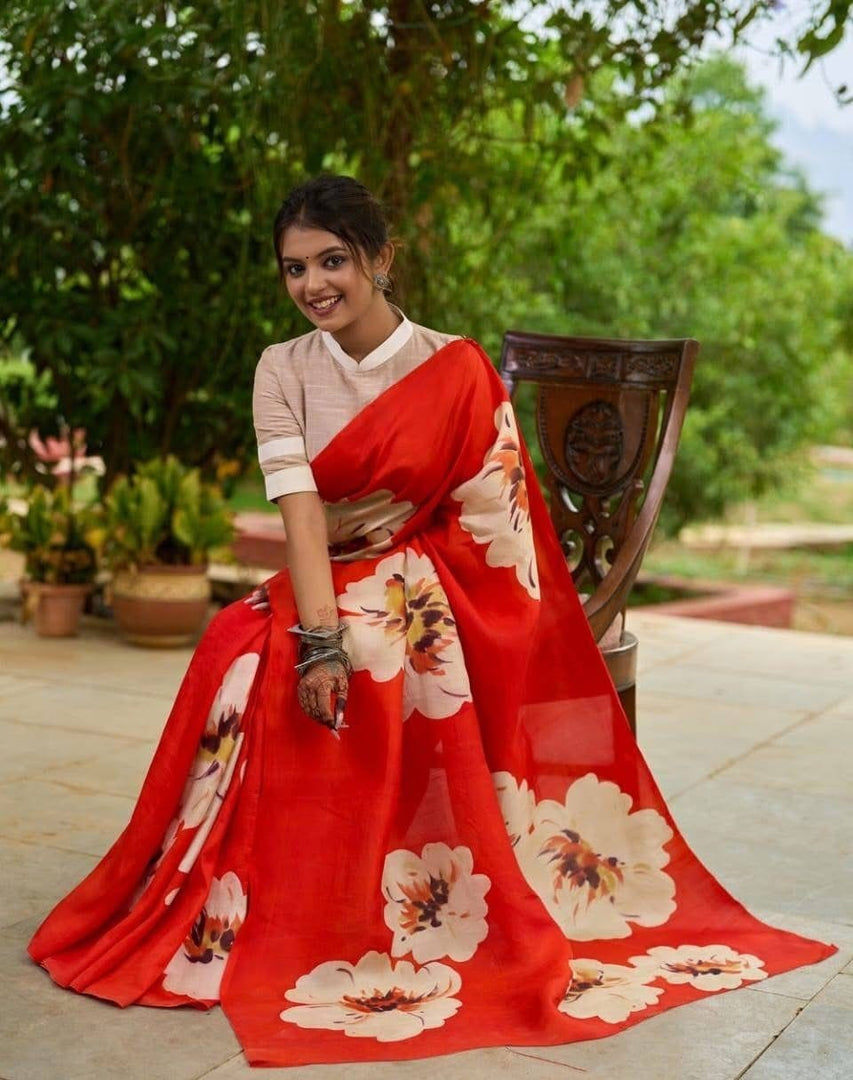 Pure Red Color Pure Silk Sarees Price under 699 , Red Color Saree Flower Design Red Color Saree , Blouse white color Fully Neck pack and half Sleeve , Red Color Fully Party Wear and festival Wear Saree | Shoppers Trend