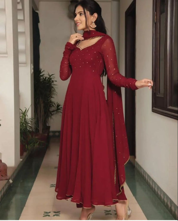 WATERMELON (ANARKALI) - Premium Anarkali from shoppers trend - Just Rs. 799! Shop now at shoppers trend , Elegant red georgette Anarkali gown with embroidery , Designer red Anarkali with sweetheart neckline , Full sleeve red embroidered Anarkali for parties , Bridal red Anarkali gown with dupatta set , Red georgette gown with intricate embroidery . 