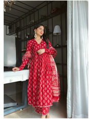 Red Color Pure Cotton Anarkali With Price and online Shopping price under 1500 . This Fabric  Elegant Anarkali set made from pure cotton, featuring hand prints, matching pants, and a dupatta. Comfortable and stylish with a 48-inch length. Easy machine wash.
