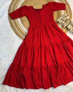Load image into Gallery viewer, Elegant red gown with stylish back rope and designer pocket , Festive red layered gown for girls and women , Lightweight cotton red frock gown with lining and pocket , Red 3-layer cotton gown with ethnic Hakoba .


