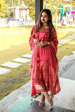 Load image into Gallery viewer, Pure Red Pure Gaji Silk Dresses Digital Print With Cotton Micro Lining Price and Online Shopping Price Under 2500 . Shop this  Pure Gaji Silk frock with DIgital print, full micro cotton lining. Adjustable chest size up to 44 inches for perfect comfort.
