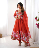 Load image into Gallery viewer, Red organza silk Anarkali suit , Designer red Anarkali with dupatta , 
Red Anarkali dress with pant set , Wedding wear red Anarkali gown , 
Red Anarkali with heavy flair , Red Anarkali with gota patti dupatta , Pure organza red Anarkali set .
