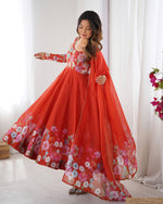 Load image into Gallery viewer, Fancy red Anarkali for festivals , Bridal red Anarkali gown , Fully stitched red Anarkali suit , Embroidered red Anarkali dress , Red Anarkali with zipper and padding , Premium red Anarkali kurta set , Floor-length red Anarkali online , Red Anarkali for party and reception .
